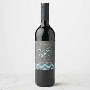 Charcoal And Aqua Chevron Posh Wedding Wine Label by NoteableExpressions at Zazzle