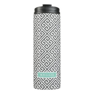 Charcoal and Aqua Greek Key Monogram Thermal Tumbler