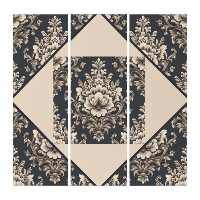 Charcoal and beige abstract scroll triptych (Front)