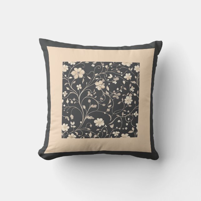 Charcoal and beige floral throw pillow (Front)