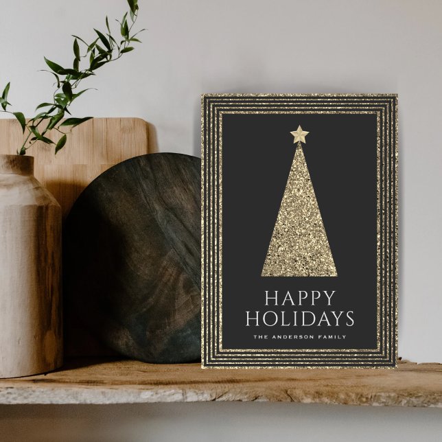 Charcoal and Copper Gold Glitter Christmas Tree Holiday Card (Creator Uploaded)
