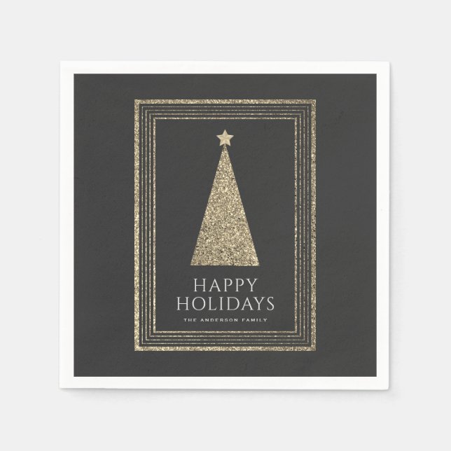 Charcoal and Copper Gold Glitter Christmas Tree Napkins (Front)