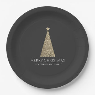 Charcoal and Copper Gold Glitter Christmas Tree Paper Plates