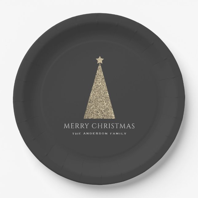 Charcoal and Copper Gold Glitter Christmas Tree Paper Plates (Front)