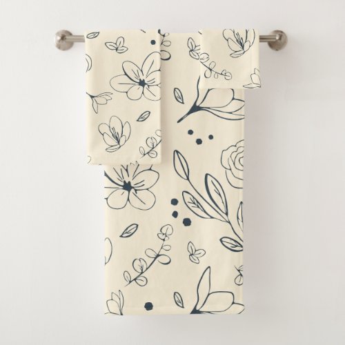 Charcoal and Cream Trendy Clean Floral Pattern Bath Towel Set