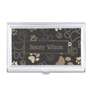 Charcoal And Gold Paw Print Pattern Business Card Case