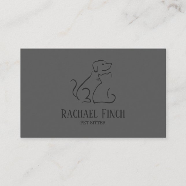 Charcoal And Grey Modern Cat And Dog Logo Business Card (Front)