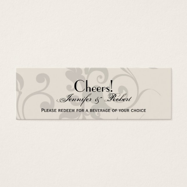 Charcoal and Ivory Filigree Wedding Drink Ticket (Front)