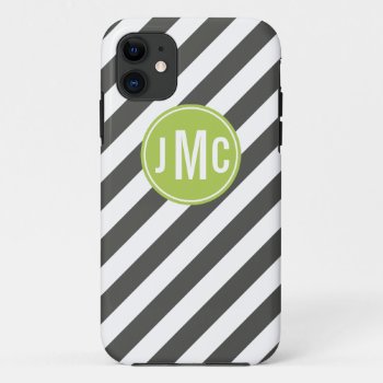 Charcoal And Lime Stripes With Custom Monogram Iphone 11 Case by thepetitepear at Zazzle
