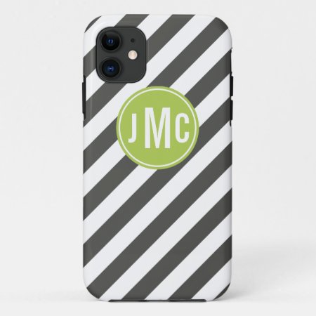 Charcoal And Lime Stripes With Custom Monogram Iphone 11 Case