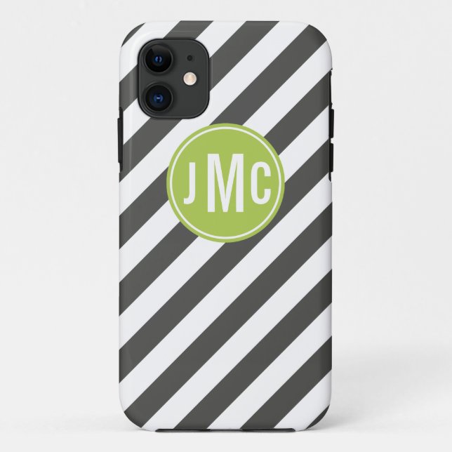 Charcoal and Lime Stripes with Custom Monogram Case-Mate iPhone Case (Back)