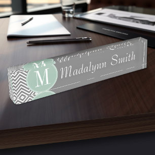 Charcoal and Mint Green Chevrons Custom Monogram Desk Name Plate