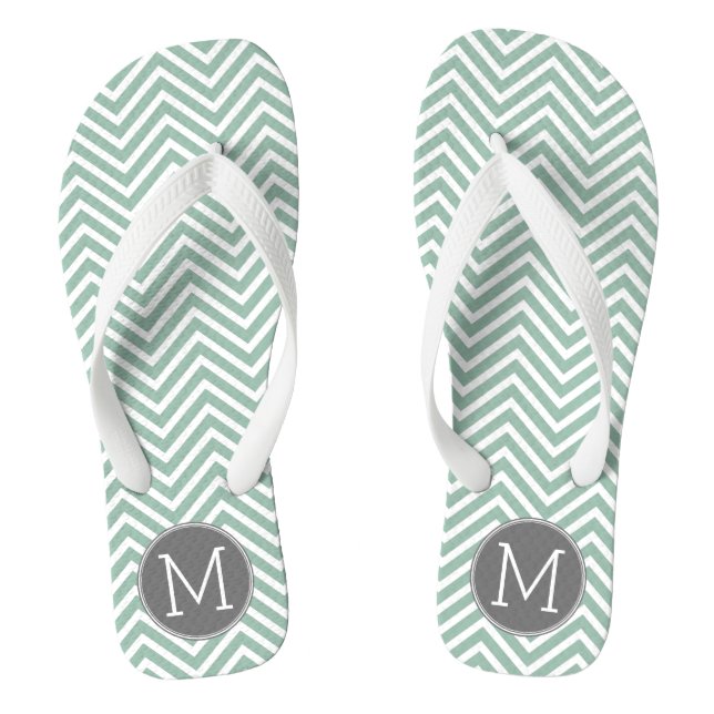 Charcoal and Mint Green Chevrons Custom Monogram Flip Flops (Footbed)