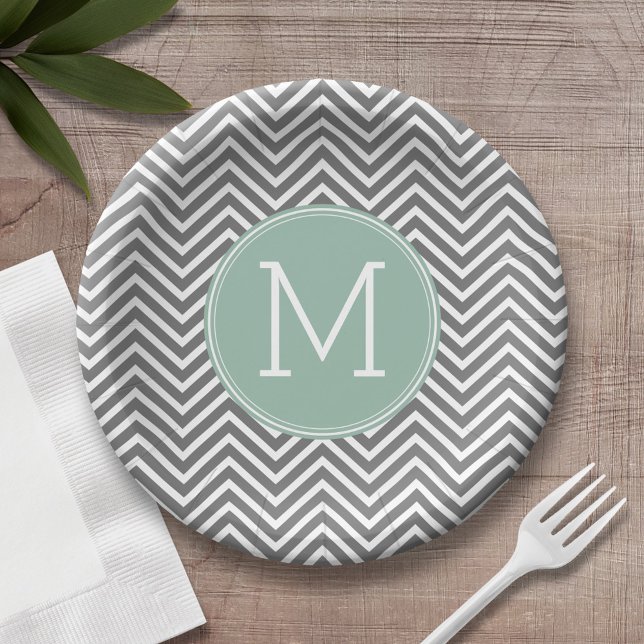 Charcoal and Mint Green Chevrons Custom Monogram Paper Plates (Personalized birthday plate with monogram)