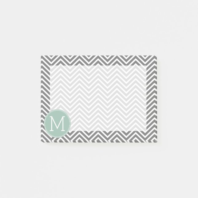 Charcoal and Mint Green Chevrons Custom Monogram Post-it Notes (Front)