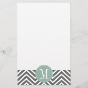 Charcoal and Mint Green Chevrons Custom Monogram Stationery