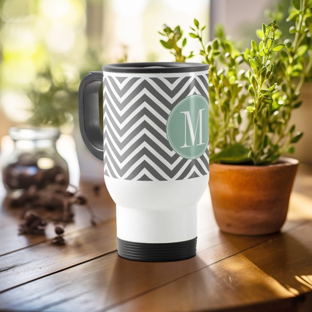Charcoal and Mint Green Chevrons Custom Monogram Travel Mug (Personalized travel mug - add photos and text or customize completely)