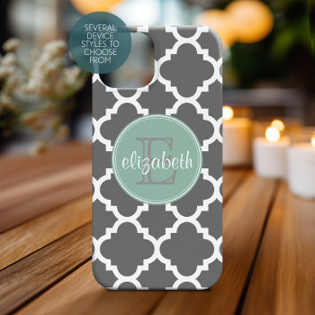 Charcoal And Mint Quatrefoil Pattern Monogram Iphone 13 Mini Case by icases at Zazzle