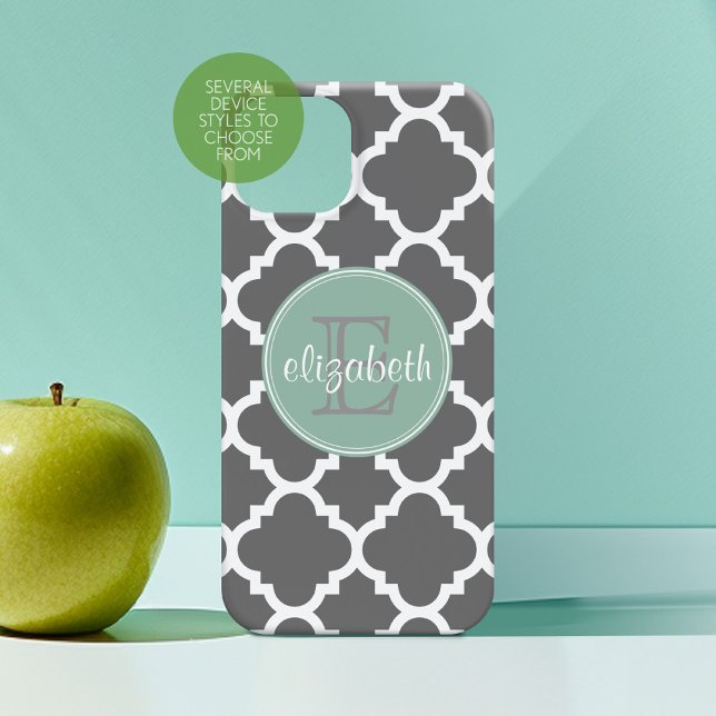 Charcoal and Mint Quatrefoil Pattern Monogram Iphone Case (Personalized Phone Case with Custom Monogram)