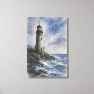 Charcoal and Watercolor Lighthouse on Rocky Coast Canvas Print