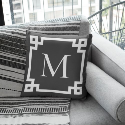 Charcoal and White Monogrammed Greek Key Border Throw Pillow