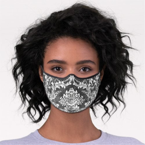 Charcoal and White Rustic Grunge Damask Pattern Premium Face Mask