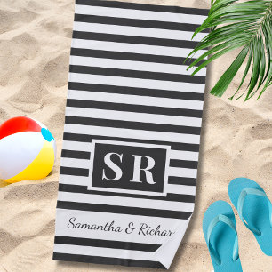 Charcoal And White Striped Monogram Wedding Couple Beach Towel