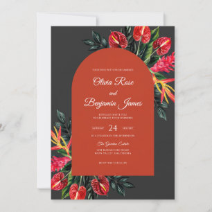 Charcoal Anthurium Tropical Eucalyptus Wedding Invitation