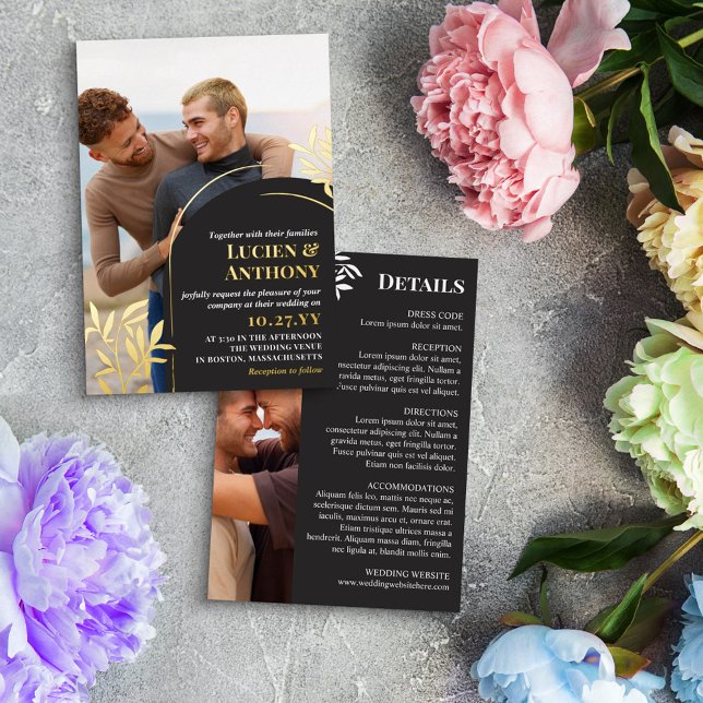 Charcoal Arch Golden Sprigs 2 in 1 Wedding Details Foil Invitation (Creator Uploaded)