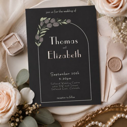 Charcoal Art Nouveau Tulip Watercolor Wedding Invitation
