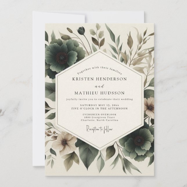 Charcoal Artistic Botanical Wedding Invitation (Front)