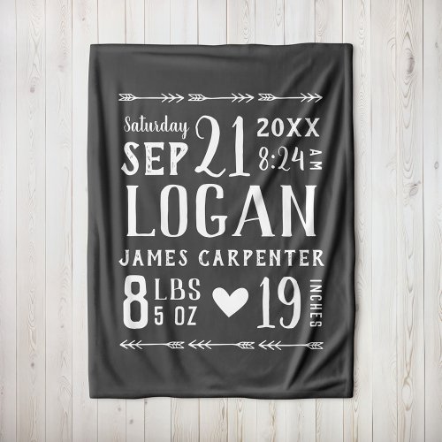 Charcoal Baby Boy Birth Stats Keepsake Fleece Blanket