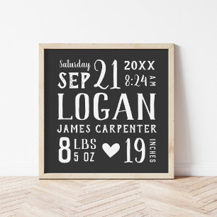Charcoal Baby Boy Birth Stats Keepsake Poster