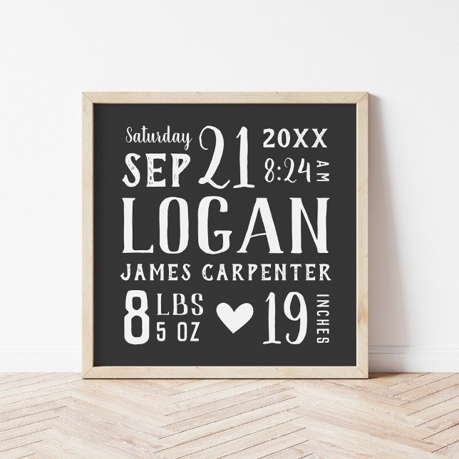 Charcoal Baby Boy Birth Stats Keepsake Poster (Creator Uploaded)