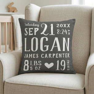Charcoal Baby Boy Birth Stats Keepsake Throw Pillow