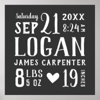 Charcoal Baby Name Birth Stats | Editable Colors Poster