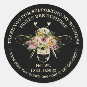 Charcoal Black Circle Blush Floral Bee Thank You Classic Round Sticker
