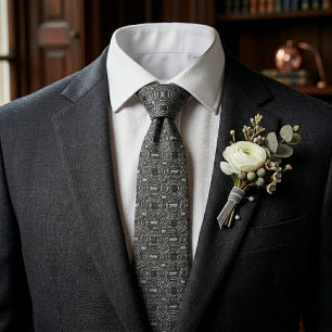 Charcoal Black Geometric Art Deco Silk Jacquard Neck Tie