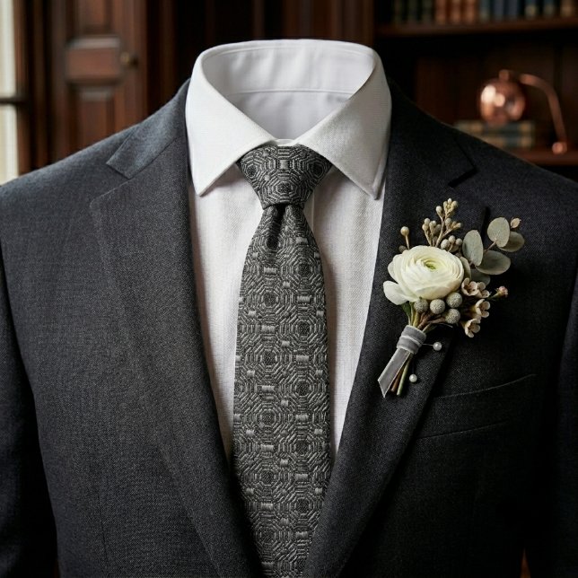 Charcoal Black Geometric Art Deco Silk Jacquard Neck Tie (Creator Uploaded)