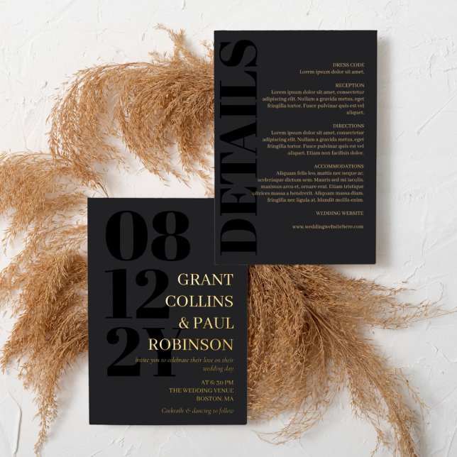 Charcoal Black & Gold Typography 2 in 1 Wedding Foil Invitation (Creator Uploaded)
