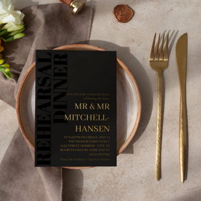 Charcoal Black & Gold Typography Rehearsal Dinner Foil Invitation (Creator Uploaded)