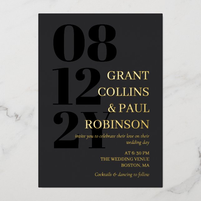 Charcoal Black & Gold Typography Wedding Foil Invitation (Front)