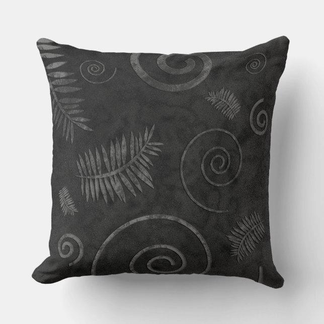Charcoal Black Graphic Shell and Fern Leaf Fossil Throw Pillow (Front)