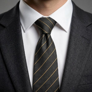 Charcoal Black Herringbone Gold Stripe Neck Tie