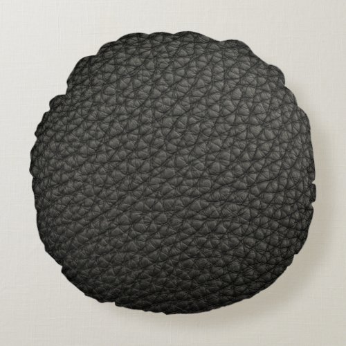 Charcoal Black Leather Look Print Round Pillow