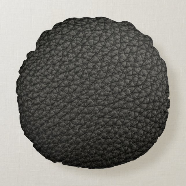 Charcoal Black Leather Look Print Round Pillow (Front)