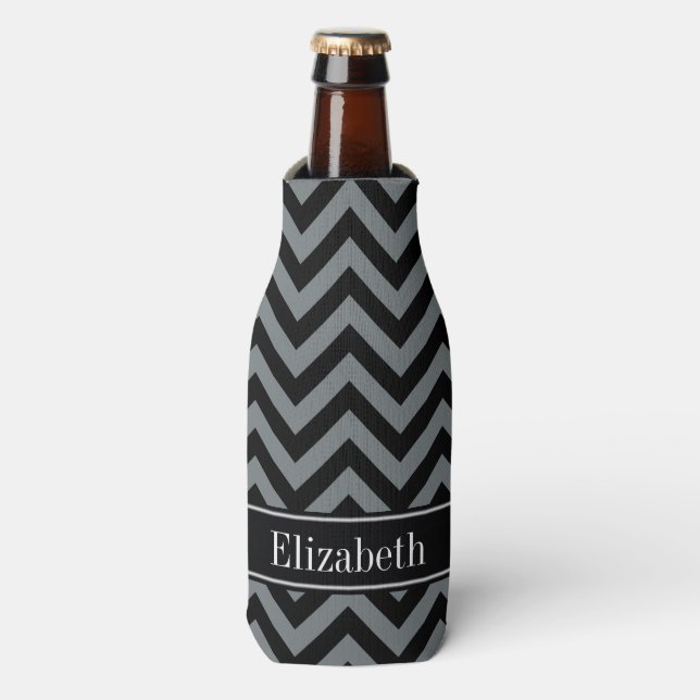 Charcoal, Black LG Chevron Black Name Monogram Bottle Cooler (Bottle Front)