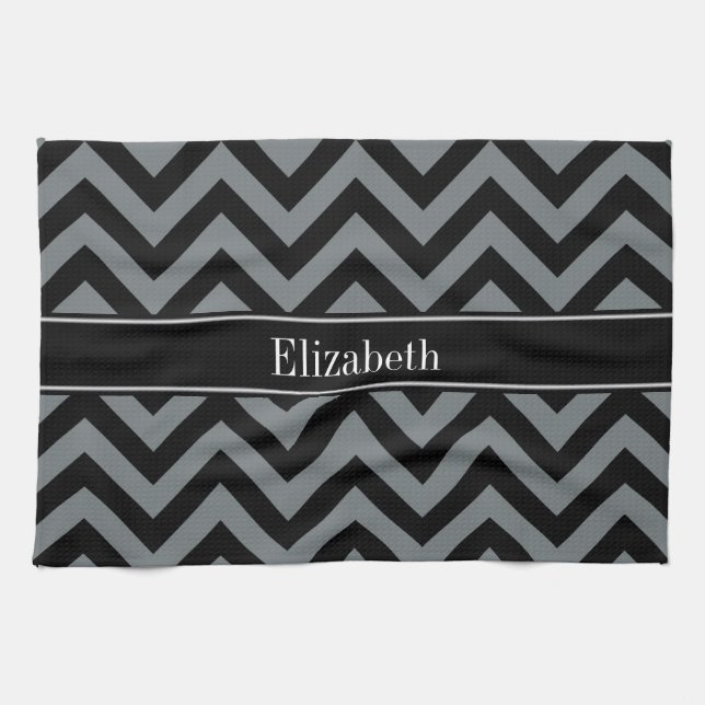 Charcoal, Black LG Chevron Black Name Monogram Kitchen Towel (Horizontal)