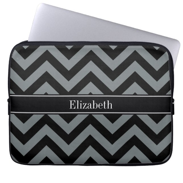 Charcoal, Black LG Chevron Black Name Monogram Laptop Sleeve (Front)