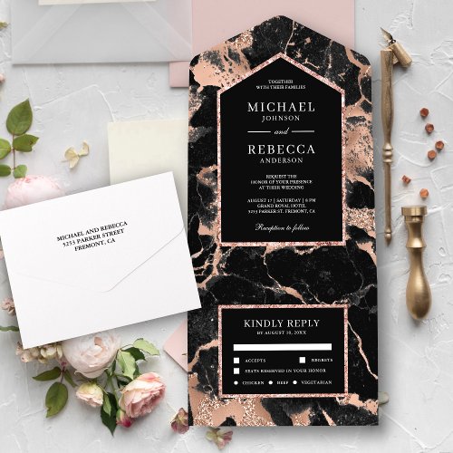 Charcoal Black Marble Faux Rose Gold Foil Wedding All In One Invitation